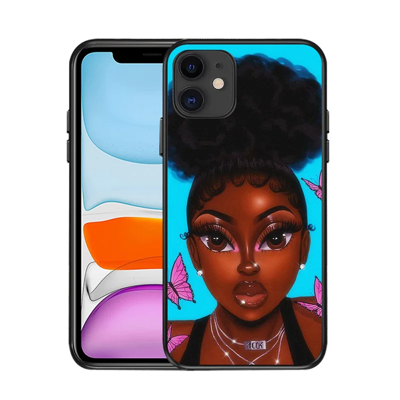 

Black Girl Phone Case For Iphone 11 12 X XR XS 7 8 Pro Max Case Waterproof Protective Cover Fashion Art Hand Painted Soft Shell
