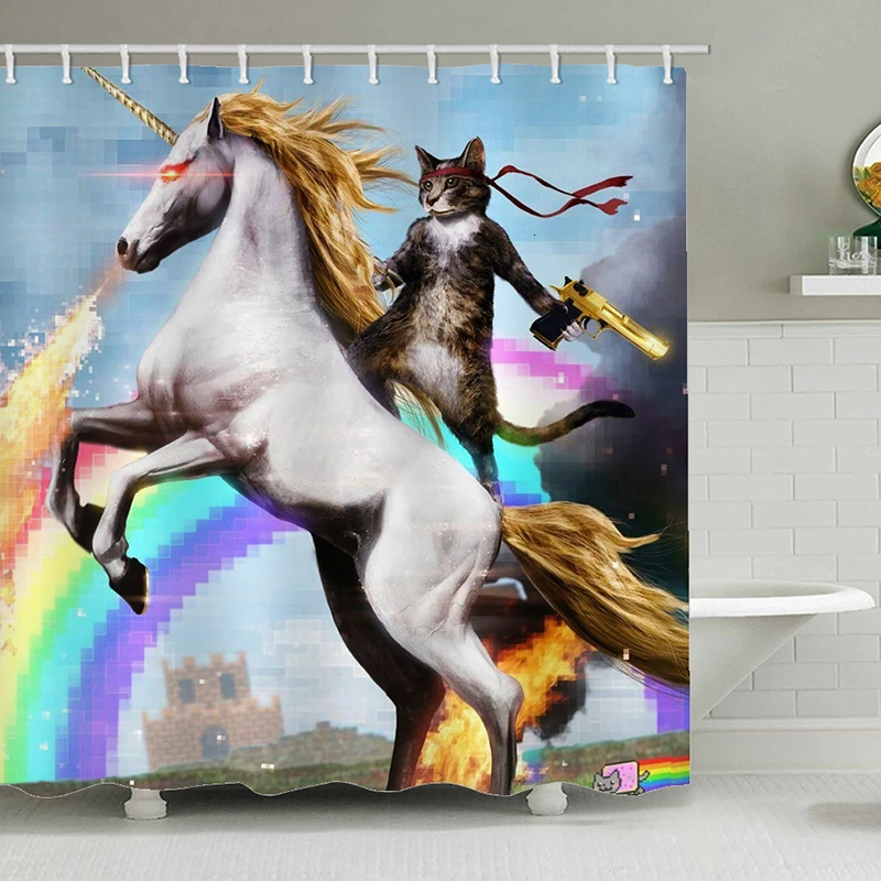 

Cat Hero Unicorn Shower Curtain With A Gun Bath Curtains Bathroom For Bathtub Bathing Cover Extra Large Wide 12pcs Hooks