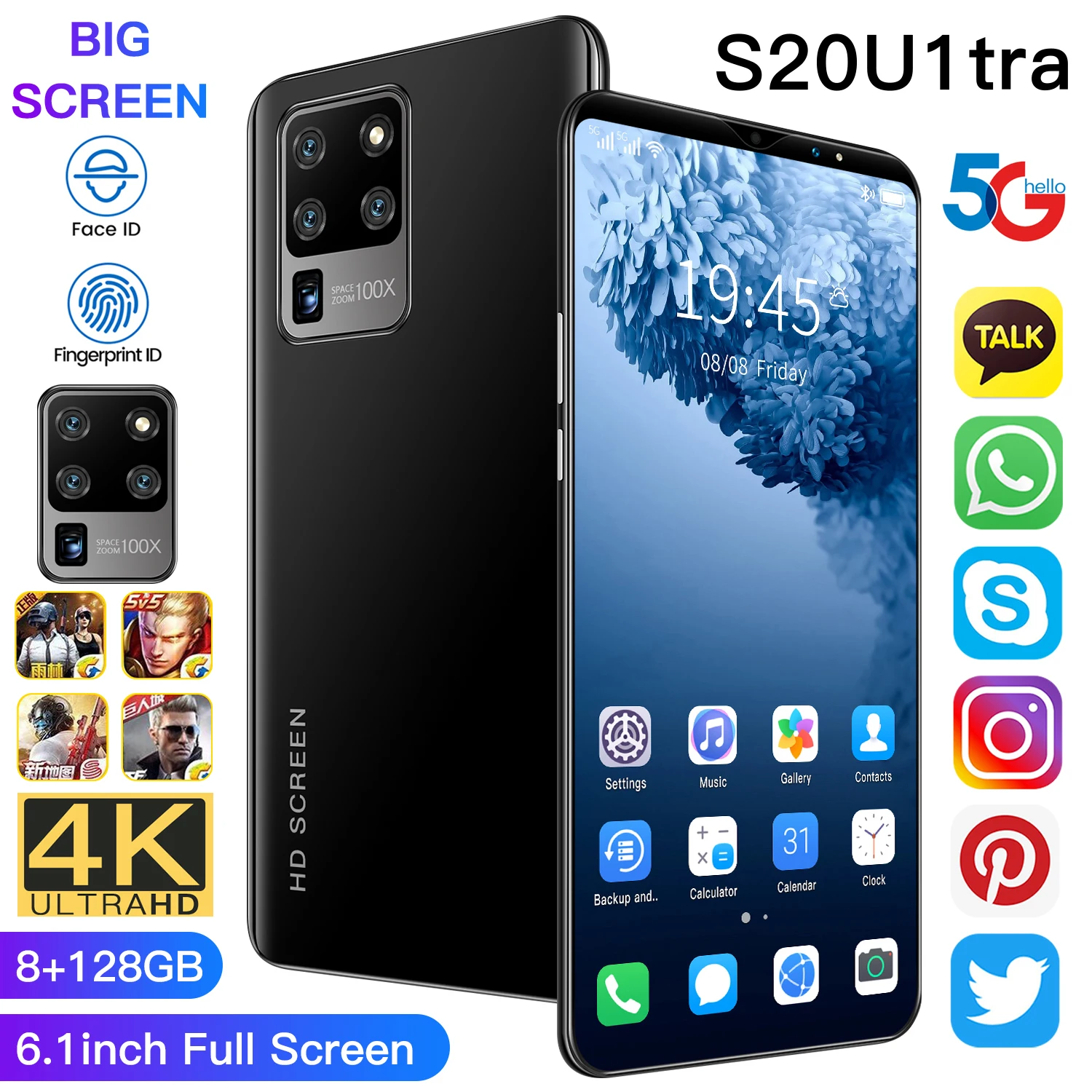 

Global 5G Mobile Cell Phone S20 Ultra 6.1Inch 2340*1080 8+128GB MTK6739 8Core 13+24MP Finger ID 4800MAH Dual SIM Android10.1