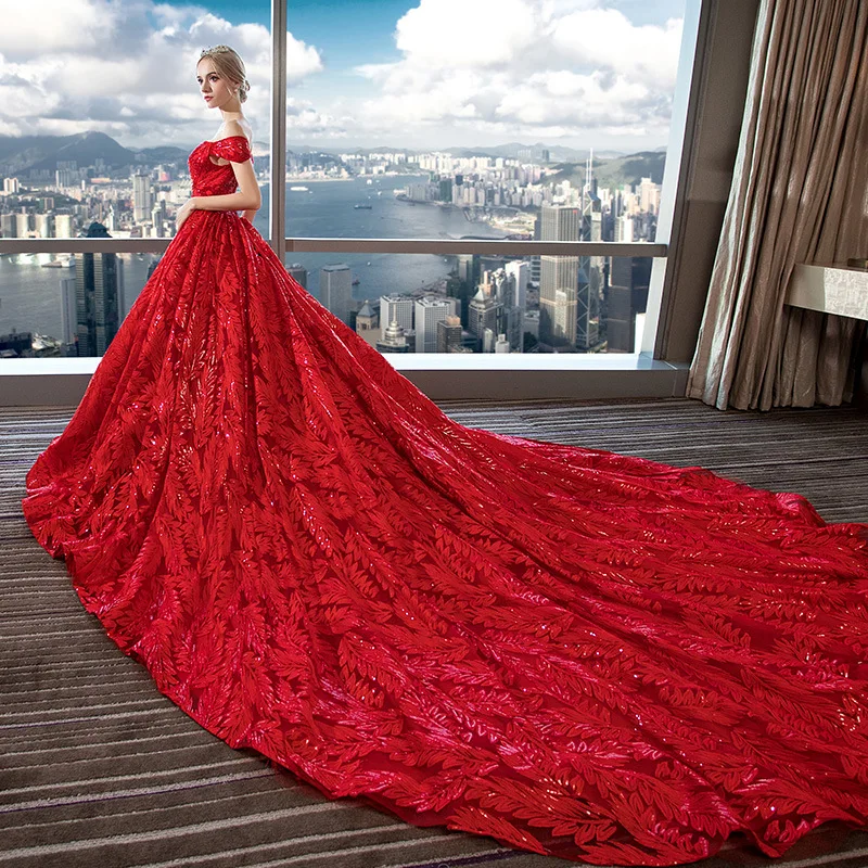 

2020 Luxury Lace Off The Shoulder Wedding Dresses Long Train Sweetheart Elegant Bride Married Pregnant Women Red Plus Size Bride