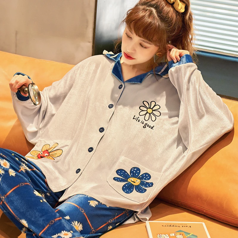 

JRMISSLI Winter Warm Gold Velvet Women Sexy Pajamas Sleepwear For Women Lace Winter Pyjama Nightdress Femle Night Suit