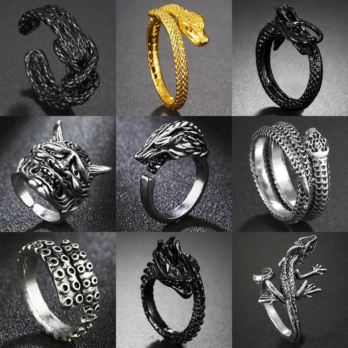 

Vintage Punk Snake Cool Boy Band Party Dragon Ring Domineering Men's Opening Rings Adjustable Size Unisex Jewelry Gift Wholesale