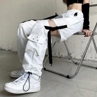 qweek gothic techwear white cargo pants women punk streetwear hollow out pockets autumn wide leg trousers female korean fashion
