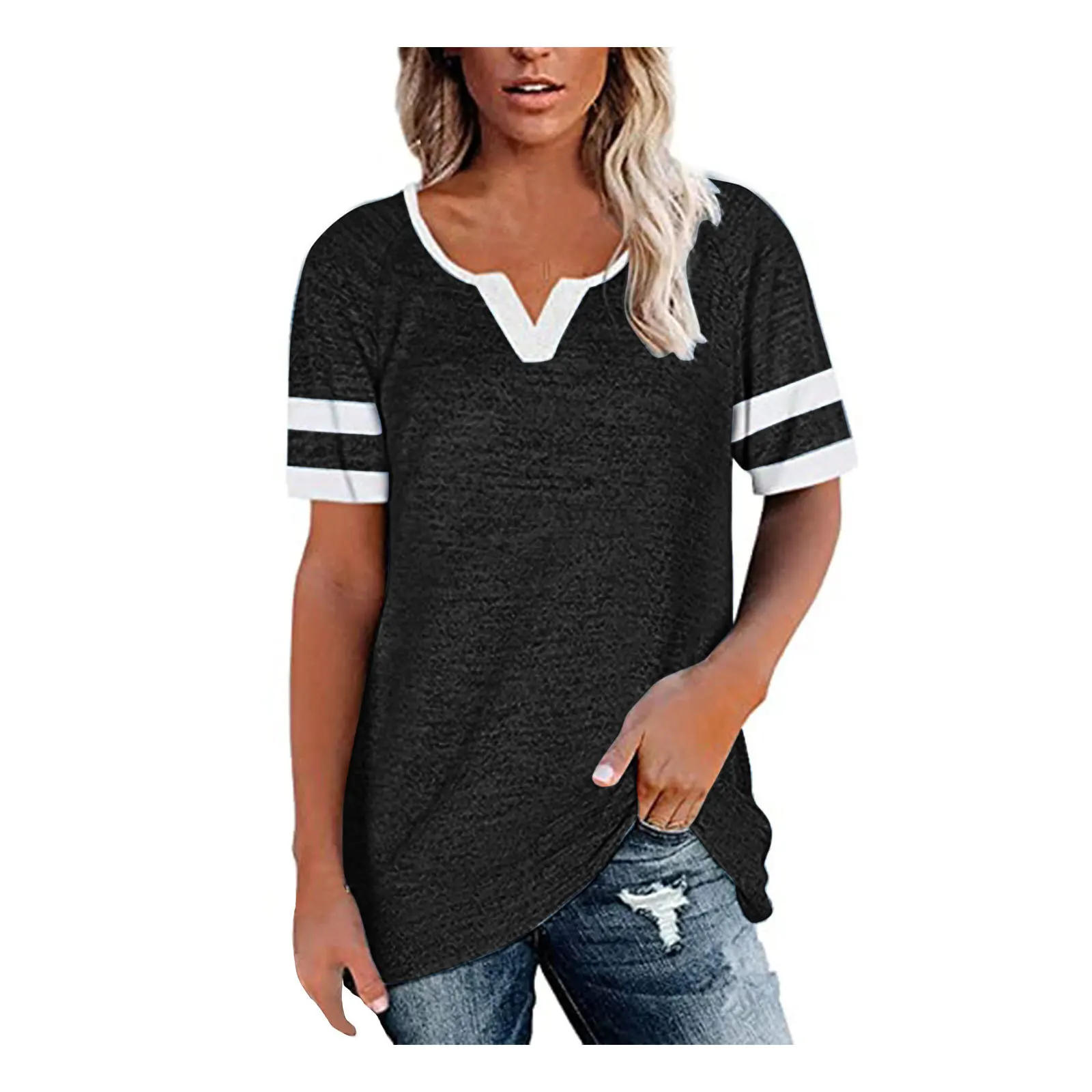

2021 spring and summer new splicing V-neck casual T-shirt short sleeve loose top female