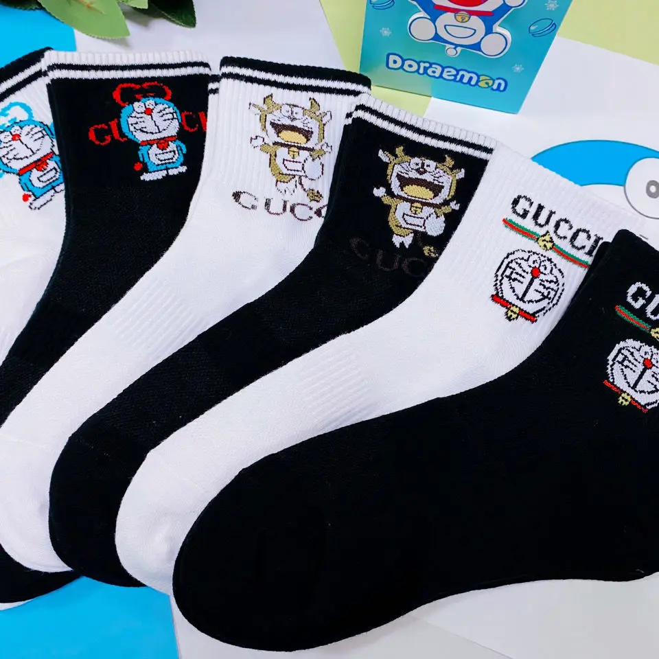 

Doraemon Cartoon Socks Female Korean Spring and Summer Mesh Design Pure Cotton Letters Street Tube Socks Couple Models