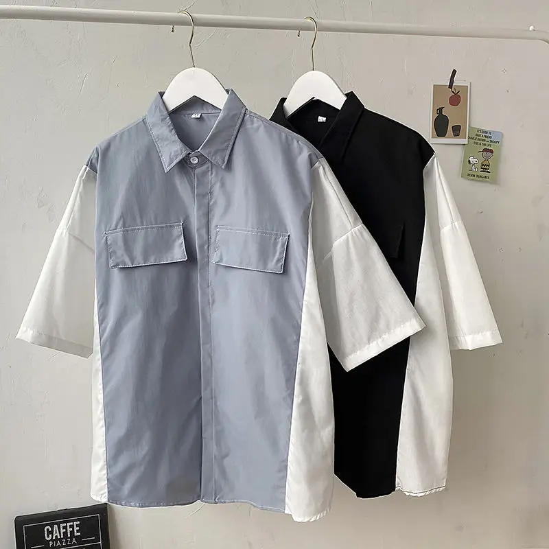 Summer Cotton Shirt Men's Fashion Contrast Color Business Casual Dress Shirt Men Streetwear Wild Loose Short Sleeve Shirt M-2XL