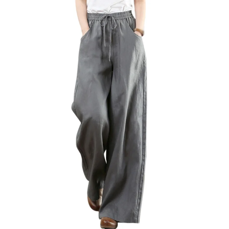 

Spring Autumn Women Cotton Linen High Waist Wide Pants Solid Color Summer Loose Trousers