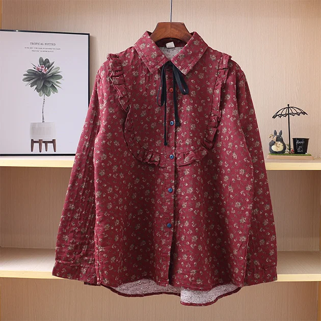 Рубашка женская хлопковая с отложным воротником и длинным рукавом в японском