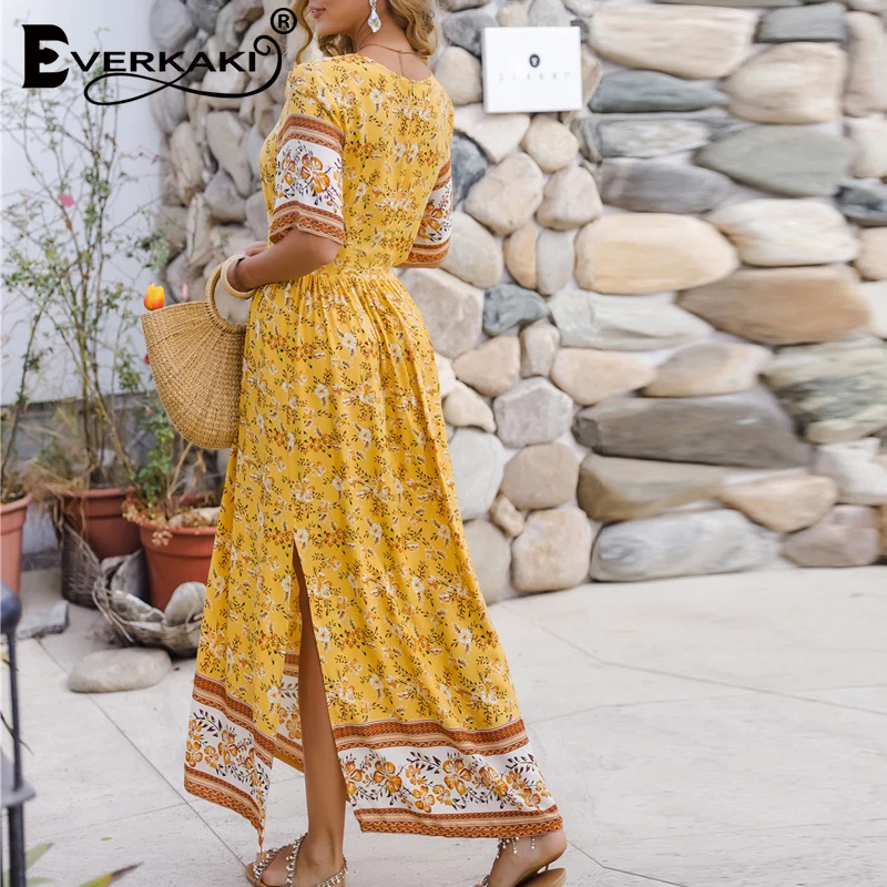 Женское длинное платье в стиле бохо Everkaki летнее с цветочным принтом разрезом