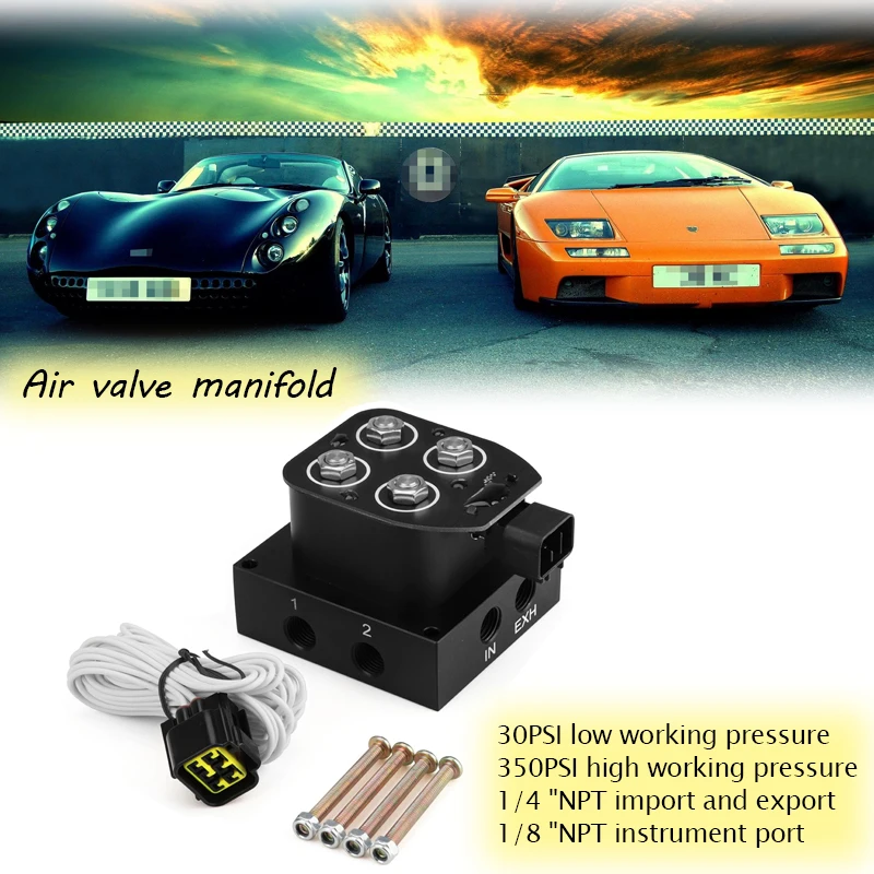 

Car Air Shock Absorber 1/8“NPT 30-350PSI 1/4“ NPT Intake Exhaust Universal Solenoid Valve Manifold Air Suspension Shock Absorber