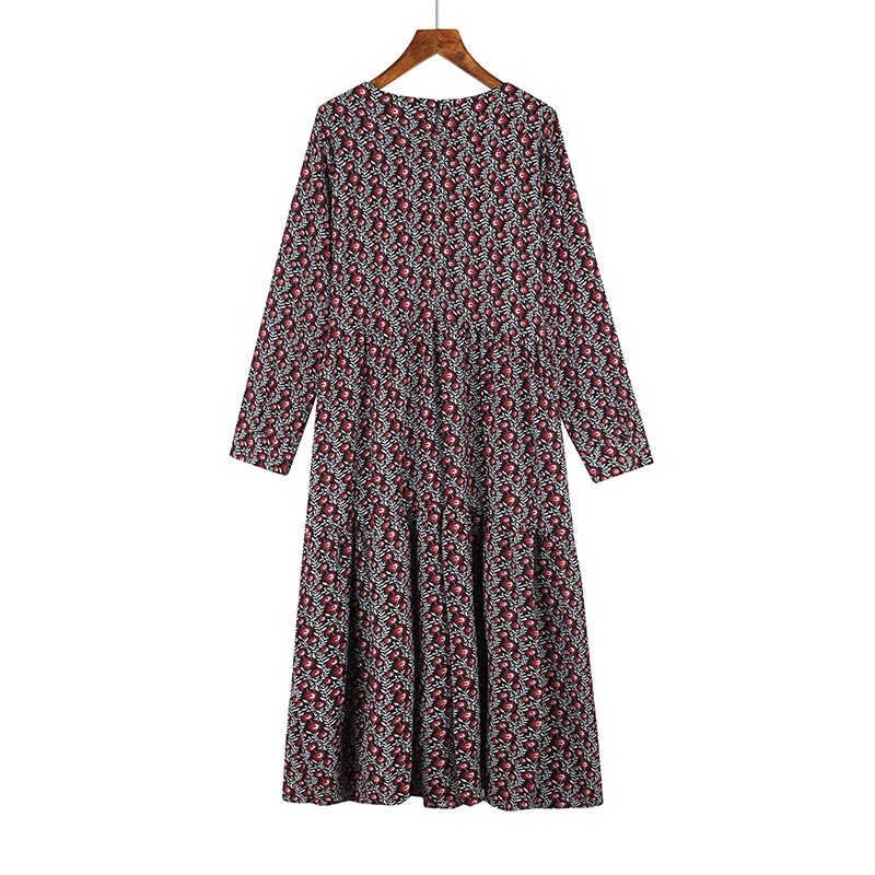 2022 Plus Size 4XL O-Neck Women Print Flowers Shirt Dress Fall Elegant Vintage Long Sleeve Loose Casual Female Dress Robe