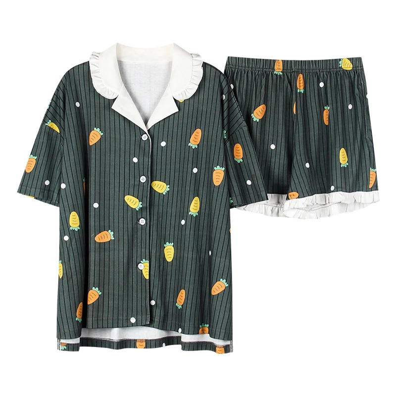 Nanjiren Pajamas Womens Summer Cotton Short Sleeved Shorts Strawberry Cardigan Womens Summer Home Wear Suit Thin