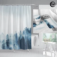 modern bathroom curtain anti slip bath mat set cold morning mist woods scenery high quality shower curtain with 12 hooks toilet