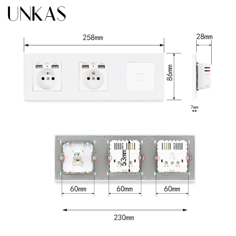Двойная французская стандартная настенная розетка UNKAS из Черного поликарбоната