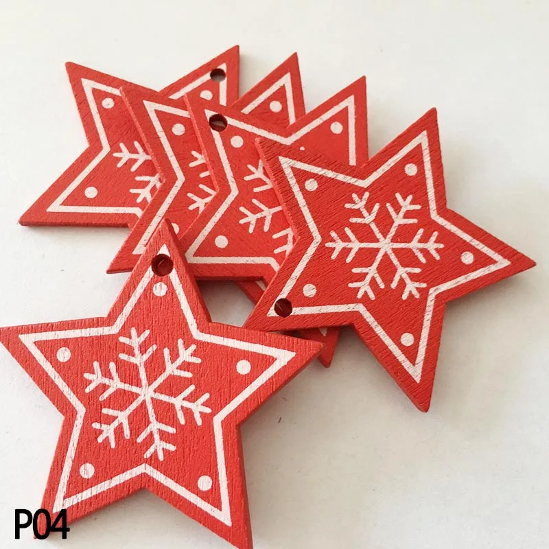 P04 10 шт., 5 см, белые, красные, деревянные рождественские украшения, звезда, сердце, Рождественская елка, подвесные Подвески для нового года, Рождества, украшения для дома, вечерние - Цвет: P04