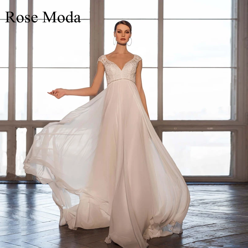

Rose Moda V Neck Cap Sleeves Chiffon Beach Wedding Dress with Illusion Back Destination Bridal Gown Custom Make