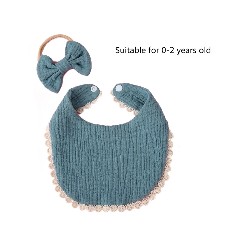 

2 Pcs Baby Girls Elastic Bow Headband Saliva Towel Set Princess Bowknot Hair Band Bib Kit Soft Cotton Solid Color Feeding