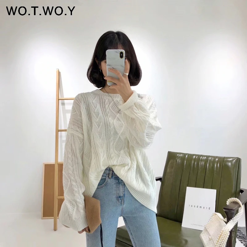 S19273White WOTWOY осенний вязаный белый свитер для женщин повседневные тонкие женские пуловеры с круглым вырезом крест-накрест корейский стиль Женские топы - Цвет: S19273White