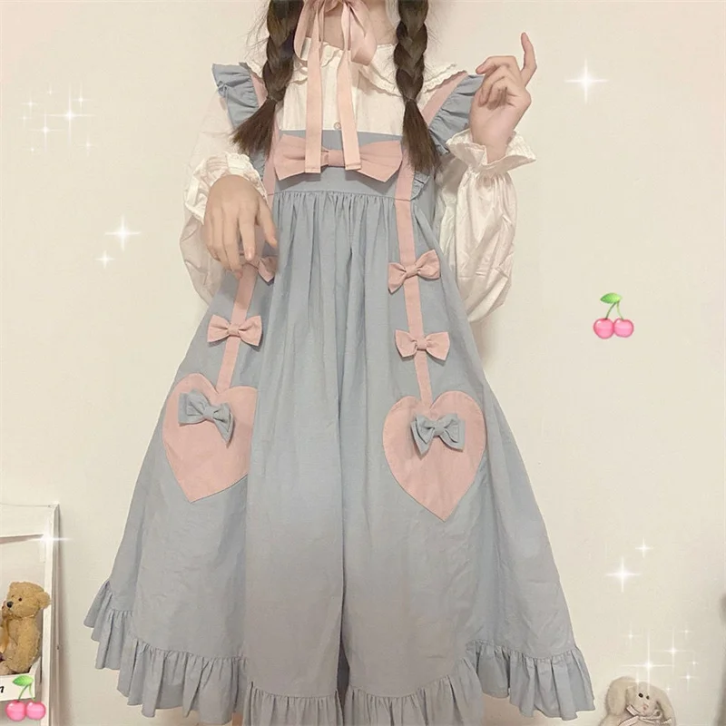 

Japanese Sweet Soft Girl Lolita Dress Kawaii Love bow Contrast Cross Bandage Bow Cute Ruffles Lantern Sleeve Dresses