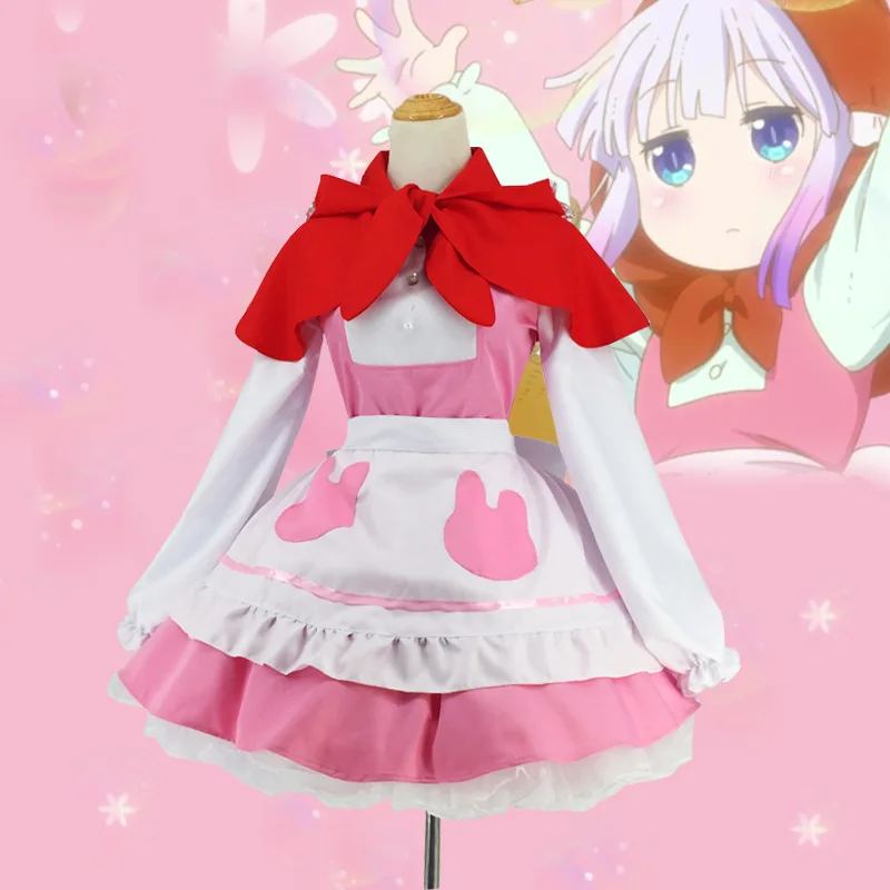 

Kanna Kamui Cosplay Costume Pink Kawaii Lolita Skirt Set Anime Maid Outfit Shirt Miss Kobayashi's Dragon Maid Apron Cloak Dress