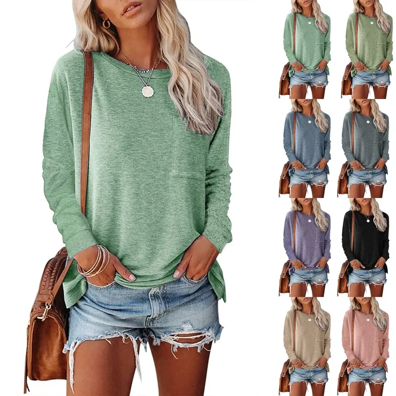 

2022 женская модная повседневная черная женская футболка, однотонная туника, женские топы, футболка с длинным рукавом и круглым вырезом, футб...