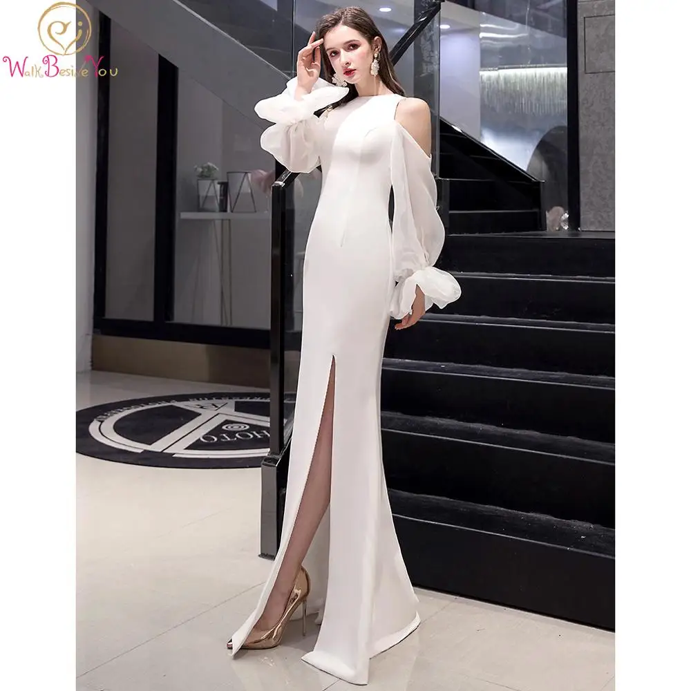 

Evening Dresses Long Elegant White Full Sleeves Off Shoulder Front Split Sexy Mermaid Simple Prom Gowns Women Formal Wear