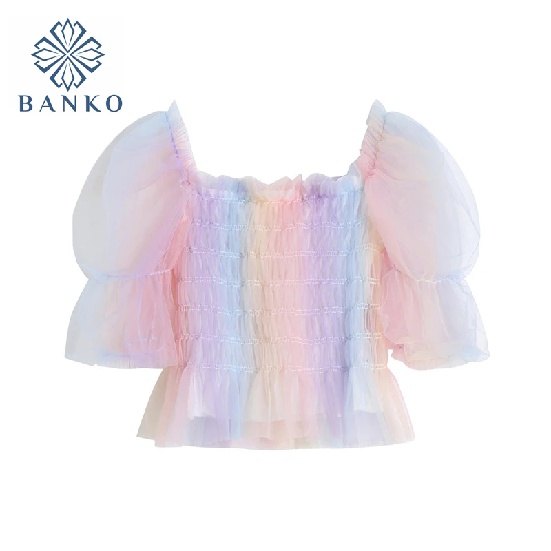

Fairy Rainbow Color Off Shoulder Square Collar Shirts Women 2021 Summer Sweet Kawaii Blouse Mesh Puff Sleeve Crop Top E-girl
