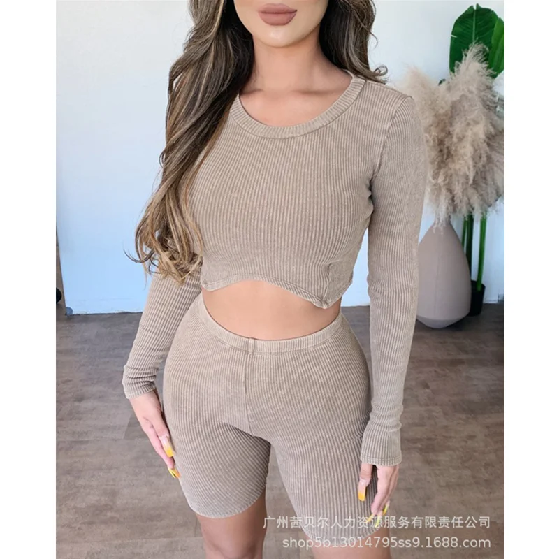 

Женский элегантный осенний трикотажный комплект WEPBEL с шортами, женский короткий топ + узкие шорты с высокой талией, комплект из двух предмет...