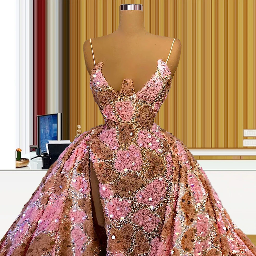 Glitter Sparkly Pink Long Dresses for Women Middle East Saudi Arabia Party Prom Gowns abendkleider 2021 sukienki koktajlowe