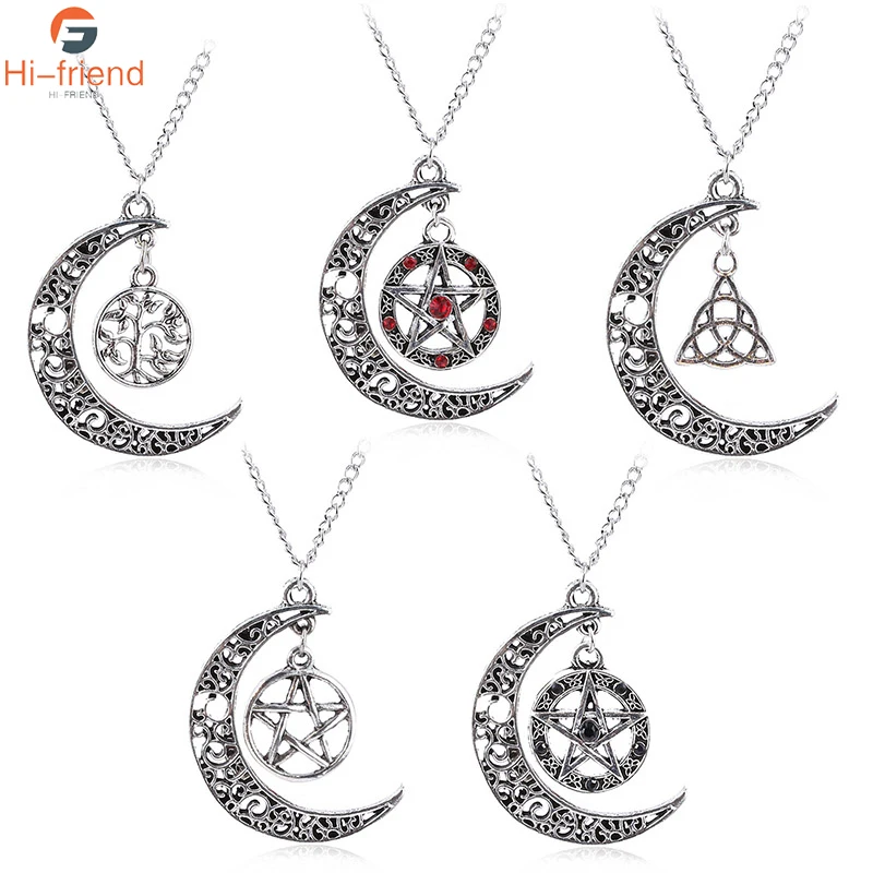 

Supernatural Five-Pointed Star Necklace Witch Amulet World Tree Life Tree Moon Pendant Necklace for Women Men Cosplay Prop Gift