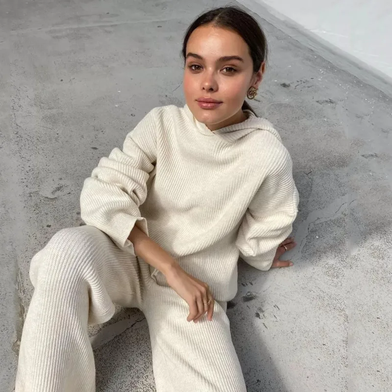 

Y2K Women's Tracksuit Knitted 2 Piece Set Loose Solid Casual Chic Women Long Sleeve Hooded Sweater Drawstring Sweatpants Set