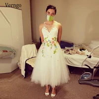 verngo vintage lace applique tulle short wedding dress 2021 colorful floral a line bride gowns tea length garden bridal dresses