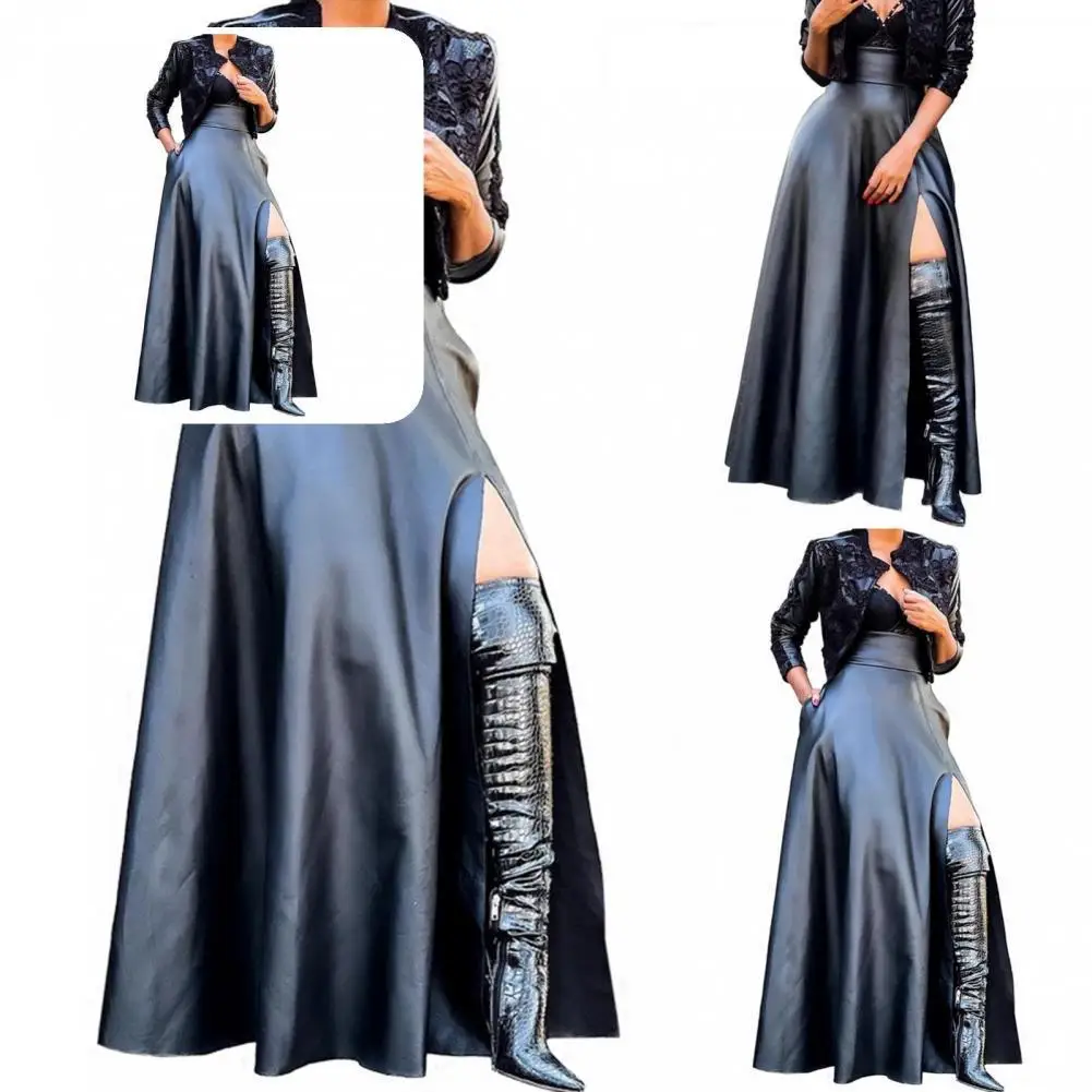 

Black Beautiful High Slit Faux Leather Long Skirt Soft Long Skirt Pure Color for Parties