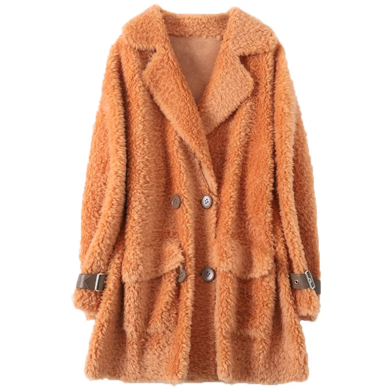 Simple Autumn Winter 2020 New Cashmere Coat Women's All Wool Fur Jacket Medium Length Orange Thick Warm Loose Parka