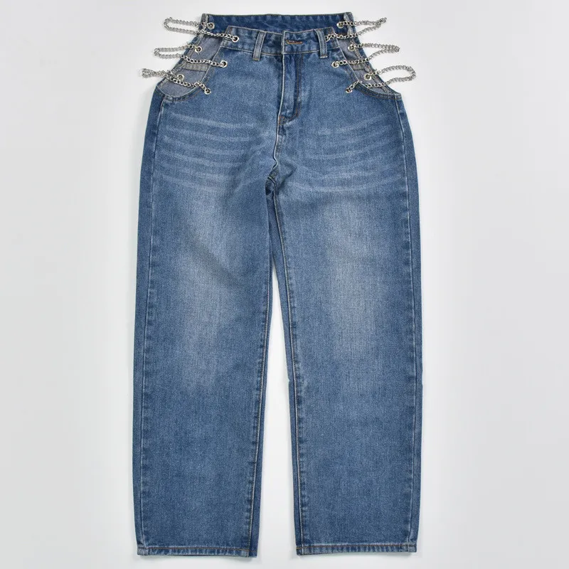 

Women's High-waist Washed Chain Tassel Straight-leg Jeans Trousers Male Streetwear Loose Hip Hop Denim Full Length Pants Mujer