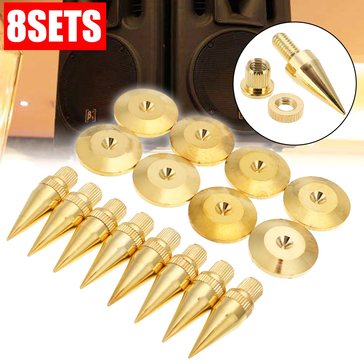 

8sets M6*36 Golden Speaker Isolation Spike High Quality Copper Isolation Cone Stand Feet+Base Pads Floor Discs Mayitr
