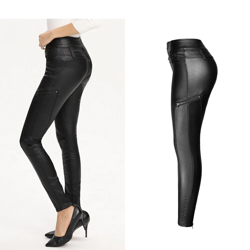Женские узкие джинсы из искусственной кожи черные облегающие на молнии с