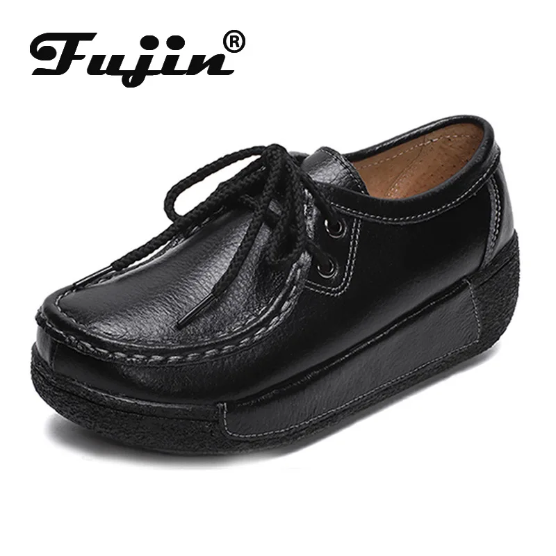 

Fujin Genuine Leather Lace Up Woman Shoes Autumn Ladies Zipper Casual Low Heels Sewing Female Fashion Booties