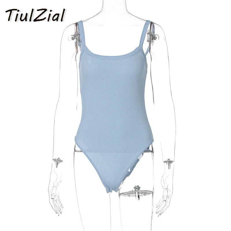 

TiulZial Sleeveless Ribbed Knitted Summer Bodysuit Women Blue Casual Bodycon Bodysuit Body Female For Woman Off Shoulder Top