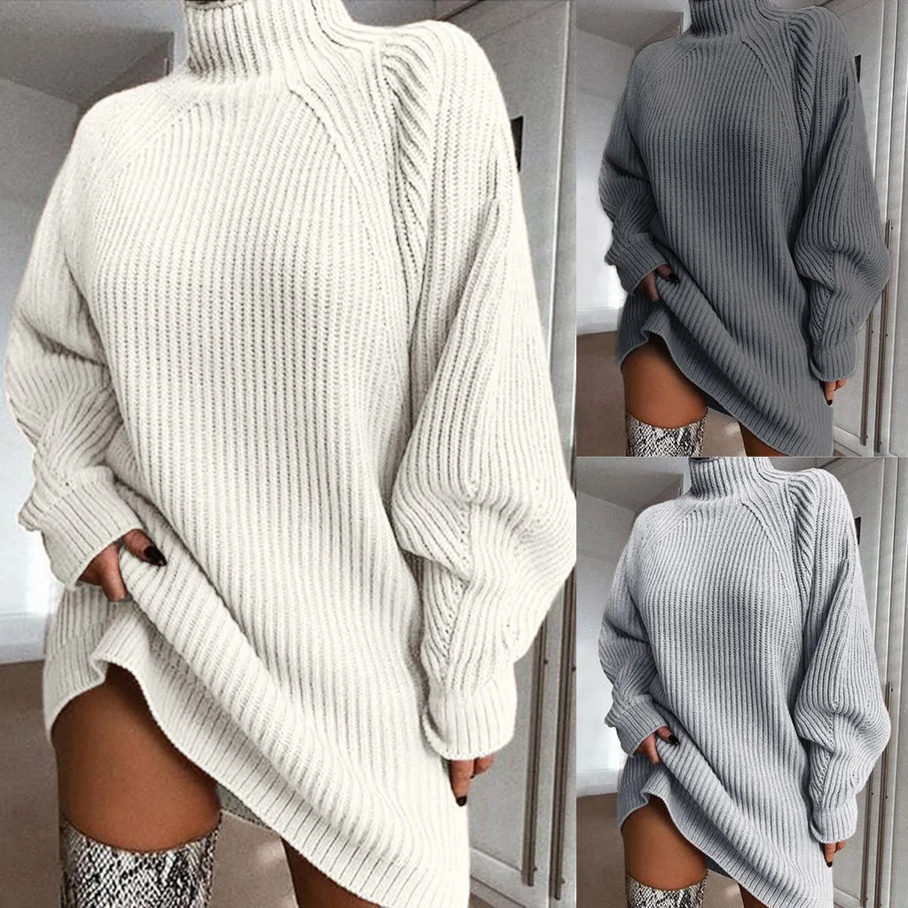 

2020 Fashion Sweater Women Turtleneck Long Sleeve Sweater Dress Women Autumn Winter Loose Tunic Knitted Dress Pullover Jumper
