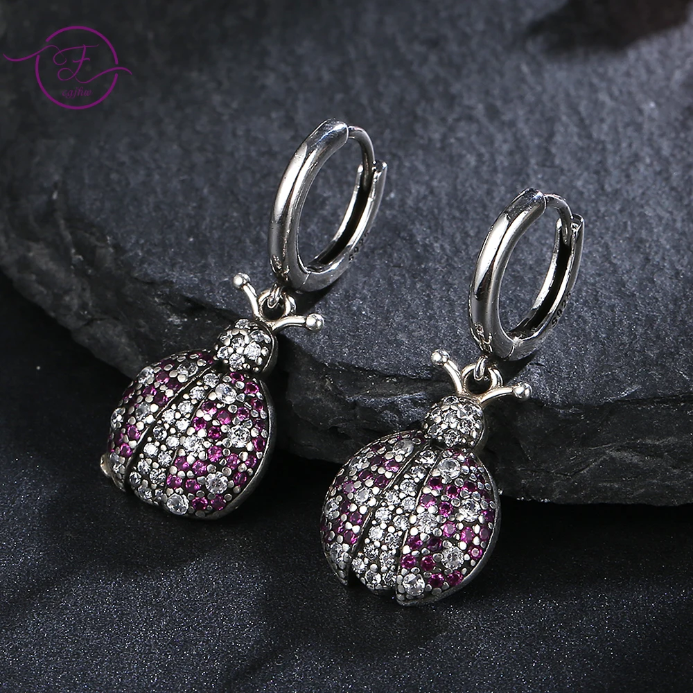 

S925 Sterling Silver Earrings Pink Beetle Drop Earrings with Zircon Luxury Cute Fine Accessorize Party Jewelry for Women Gift