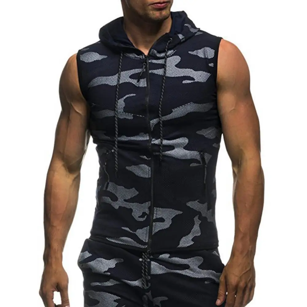 

Summer Men Gym Fitness Camouflage Mesh Hoodies Zip Up Sleeveless Hooded Tank Top Hoodies & Sweatshirts