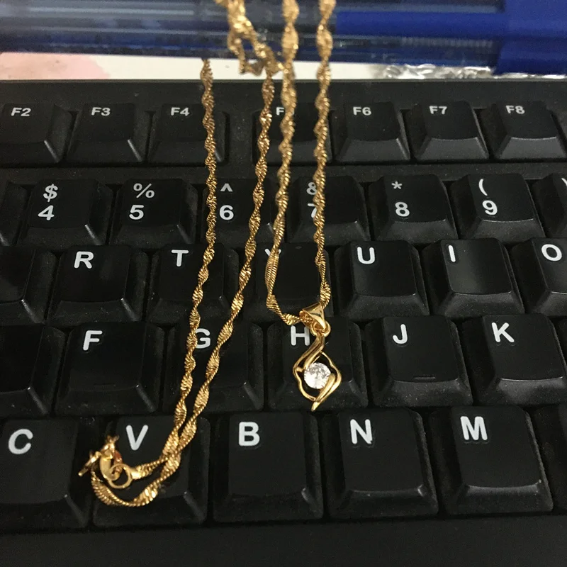 Pure Gold 24K Necklace Electroplating Zircon Crystal Pendant 2MM46CM Water Wave For Women's Wedding Jewelry G | Украшения и