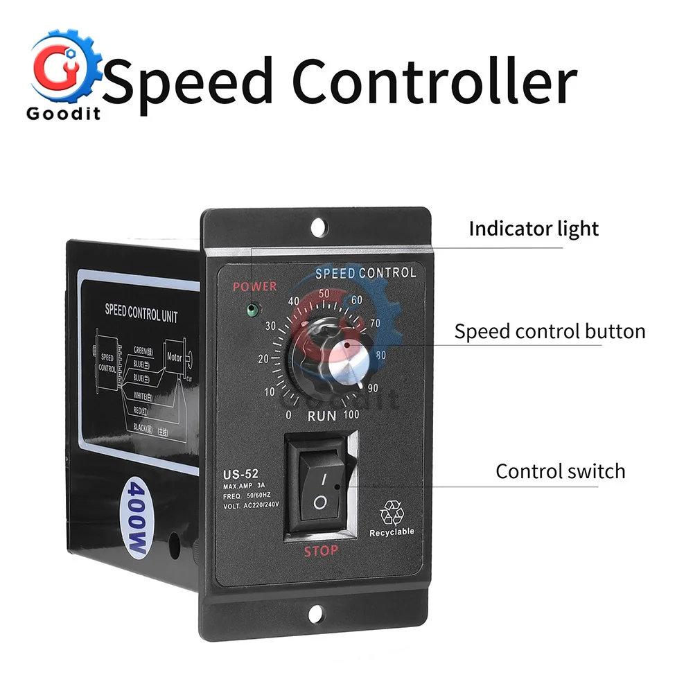 

AC 400W 220V US-52 Motor Speed Controller Speed Pinpoint Regulator Forward and Backward 50Hz 60Hz Mini Motor Speed Control Unit