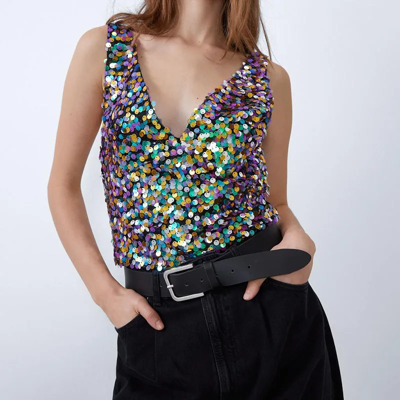 

Fashion Color Round Sequins Sexy V-Neck Halter Sling Carnival Party Top Shiny Sleeveless Vest