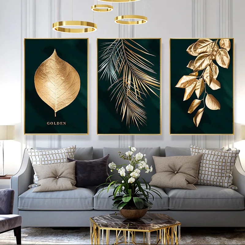 

Nordic Golden abstract leaf flower Wall Art Canvas Painting Black white feathers Poster Print Wall Picture for Living Room Decor