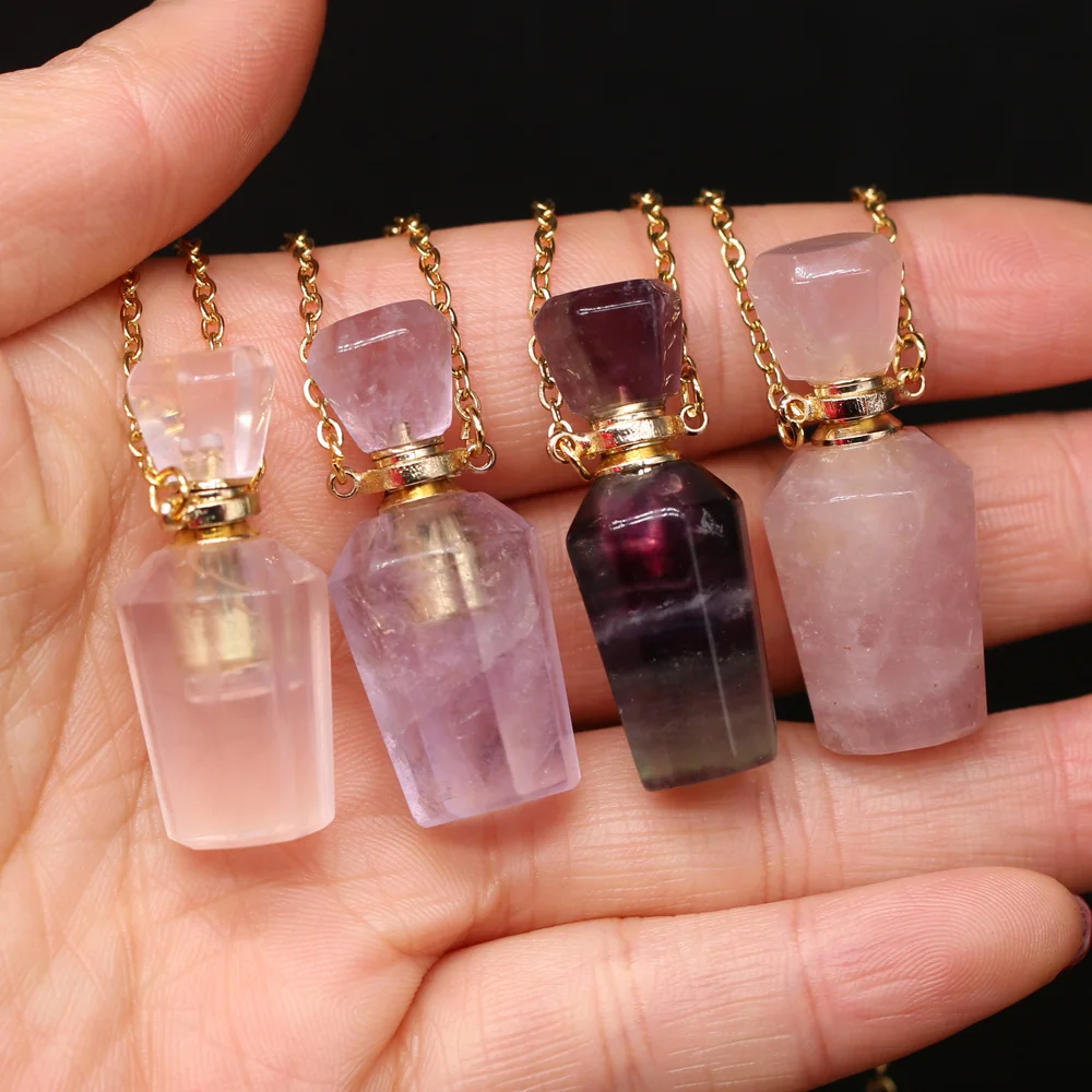 

Natural Stone Agates Quartz Perfume Bottle Rose Quartzs Necklace Pendant Essential Oil Diffuser Necklace Jewelry Gift 17x37x12mm