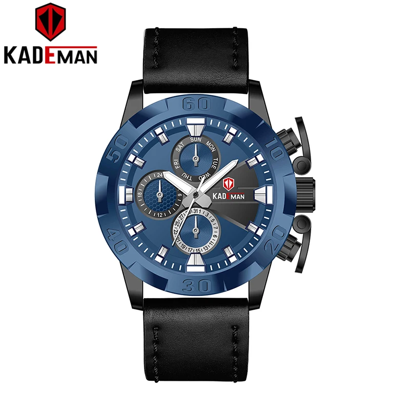 

KADEMAN Quartz Mens Watches Week Display Business Fashion Wristwatches Men Top Brand Luxury Male Leather Watch Relogio Masculino