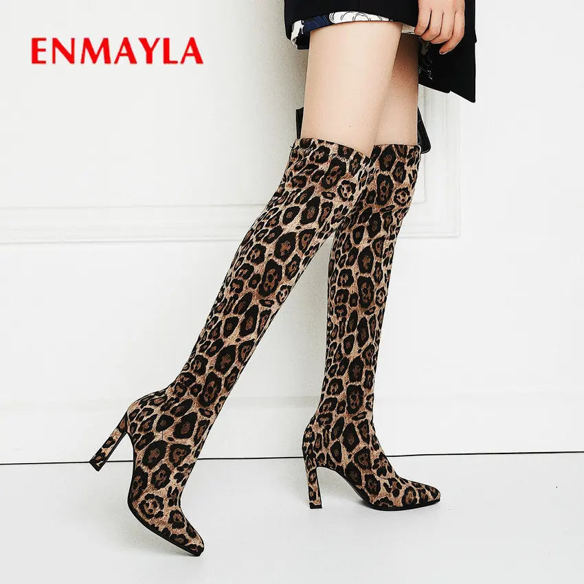 

ENMAYLA 2019 Over The Knee High Boots Women Shoes Faux Suede Stretch Pointed Toe Thin Heels Slip-on flcok Women Boots Size 34-43
