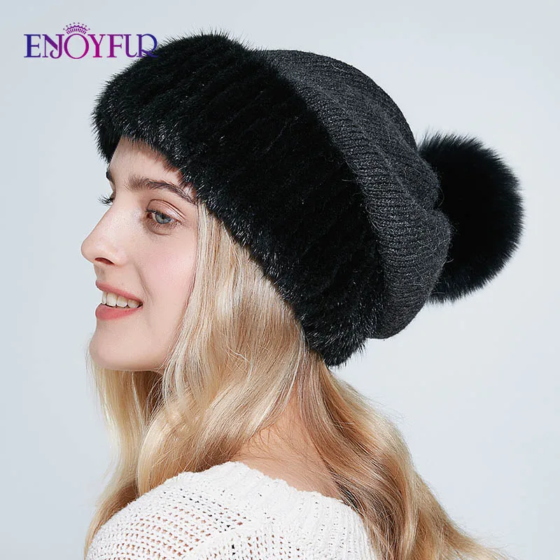 ENJOYFUR, зимние шапки из меха норки и шерсти для женщин, теплые модные женские шапки с большим помпоном, Новые однотонные вязаные шапки
